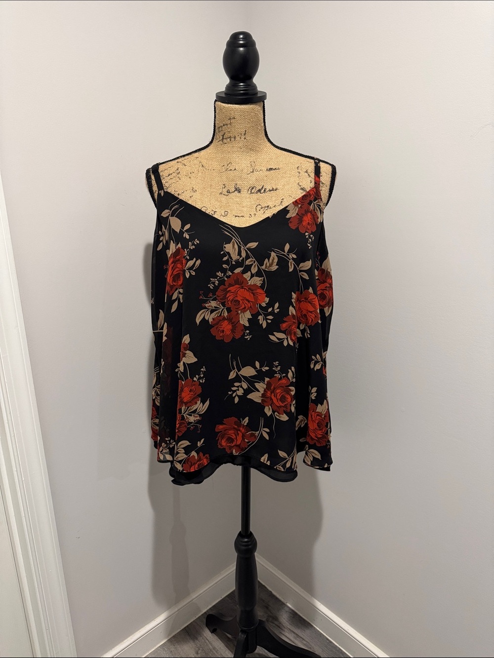 Torrid Black Floral Spaghetti Strap Camisole with Red Roses